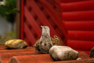 Taş kuş, orjinal bahçe dekoru, yosun kaplı taş, seçici odak