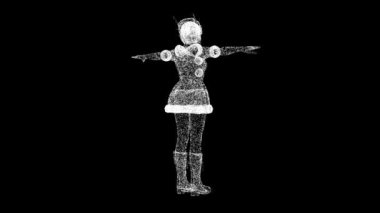 Üç boyutlu Noel Baba kızı siyah bg 'de dönüyor. Seksi Noel Baba kostümlü çekici kız. Mutlu Noeller ve mutlu yıllar konsepti. Başlık, metin, sunum için. Parıldayan parçacıklar. 3D animasyon 60 FPS