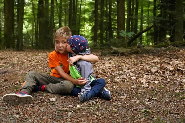 Niño Pequeño Abrazando Besando Hermano Mayor Niños Bosque Familia Feliz —  Fotos de Stock
