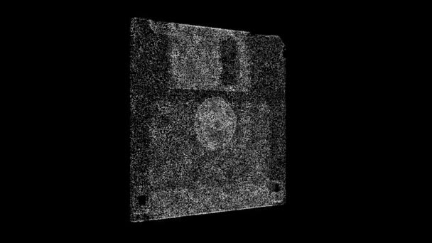 3D软盘在黑色Bg上旋转 老技术 模拟媒体存储 用闪光的粒子制成的物体 3D动画60 Fps — 图库视频影像