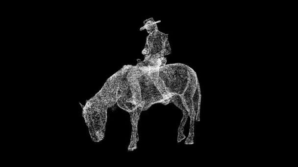 馬に乗った3Dカウボーイ ブラックBgで回転する 馬に乗ったランチャーマン 乗馬レッスン 西洋のランチコンセプト トレーニング馬場 タイトル テキスト プレゼンテーション 3Dアニメーション — ストック動画
