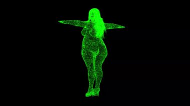 Üç boyutlu şişman kadın siyah bg üzerinde dönüyor. Sağlıksız yaşam tarzı, diyet. Kilolu Vücut Şişmanı. Sağlık ve vücut şekli konsepti. Sağlık sorunları, Fat. Başlık, metin, sunum için. 3D animasyon 60 FPS
