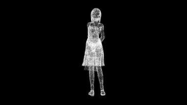 El çantalı 3D kız siyah bg üzerinde dönüyor. Alışveriş konsepti. Moda kadını çantasını tutuyor. Başlık, metin, sunum için. 3D animasyon 60 FPS