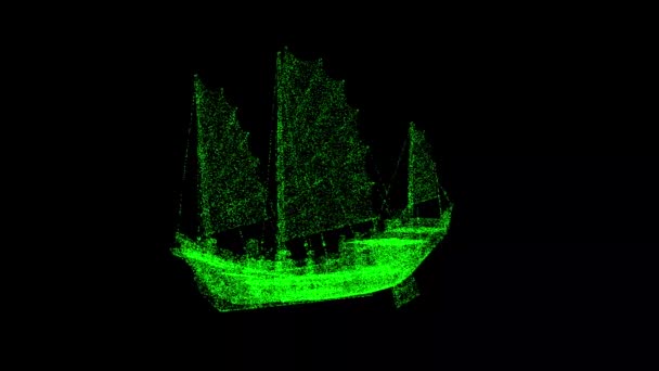 3D中国のジャンクは黒い背景で回転します 古代中国の航海船 香港のジャンクボート 中国の木製帆船 タイトル テキスト プレゼンテーション 3Dアニメーション Fps — ストック動画