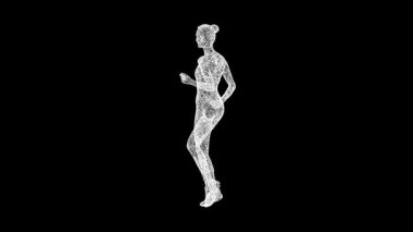 3D Koşan Kadın siyah bg 'de dönüyor. Spor Konsepti. Sağlıklı bir yaşam tarzı. İş için reklam arkaplanı. Başlık, metin, sunum için. 3D animasyon 60 FPS