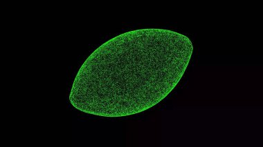Siyah arka planda 3 boyutlu rugby topu. Amerikan Futbolu. Spor malzemeleri konsepti. Spor ve eğlence. İş için reklam arkaplanı. Başlık, metin, sunum için. 3d canlandırma 