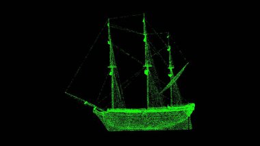 Siyah bg üzerinde 3D Caravel Gemisi. Tarihi Denizcilik konsepti. İş için reklam arkaplanı. Başlık, metin, sunum için. 3d canlandırma 