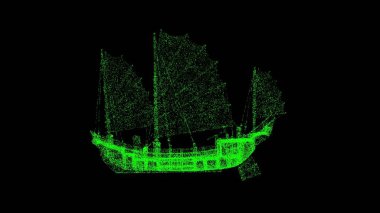 Siyah arka planda 3 boyutlu Çin malı ıvır zıvır. Klasik Çin yelkenli gemisi. Hong Kong hurda gemisi. Tahta Çin yelkenlisi. Başlık, metin, sunum için. 3d canlandırma 