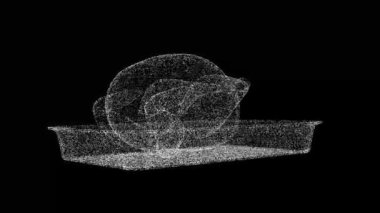 Tepside üç boyutlu hindi siyah arka planda döner. Gıda ve Beslenme konsepti. Şükran Günü. İş için reklam arkaplanı. Başlık, metin, sunum için. 3D animasyon 60 FPS