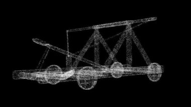 3D antik mancınık siyah arka planda döner. Tarihi askeri kavram. İş için reklam arkaplanı. Başlık, metin, sunum için. 3D animasyon 60 FPS