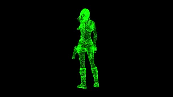 ピストルが付いている3D女性は黒い背景で回ります 戦士の女性コンセプト ヒットマン ウーマン ビジネス広告の背景 タイトル テキスト プレゼンテーション 3Dアニメーション Fps — ストック動画