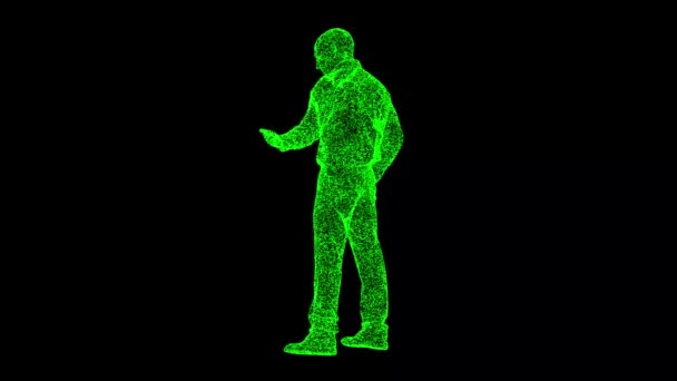 携帯電話を搭載した3D男性が黒い背景で回転します 現代の技術コンセプト 学習とソーシャルメディア ビジネス広告の背景 タイトル テキスト プレゼンテーション 3Dアニメーション Fps — ストック動画