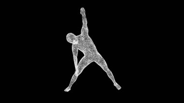 3D adam siyah arka planda esneme hareketleri yapıyor. Spor ve Rekabet konsepti. Spor ve eğitim. İş için reklam arkaplanı. Başlık, metin, sunum için. 3d canlandırma