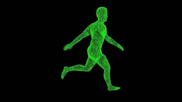 3D Running Man on black background. Sport and Recreation concept. Anatomy of a running man. Business advertising backdrop. For title, text, presentation. 3d animation
