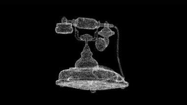 3D Retro telefon siyah arkaplanda dönüyor. Tarihi bir kavram. Modası geçmiş ekipmanlar. Grunge tekniği. İş için reklam arkaplanı. Başlık, metin, sunum için. 3D animasyon 60 FPS