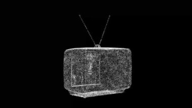 3D Retro TV siyah arkaplanda dönüyor. Tarihi bir kavram. Modası geçmiş ekipmanlar. Grunge tekniği. İş için reklam arkaplanı. Başlık, metin, sunum için. 3D animasyon 60 FPS