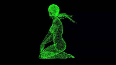 Kucağında oturan üç boyutlu üstsüz kadın siyah arka planda dönüyor. Güzellik ve cinsellik kavramı. Uzun saçlı kız. İş için reklam arkaplanı. Başlık, metin, sunum için. 3d canlandırma 