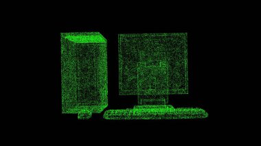 3D PC siyah arkaplanda döner. Bilgisayar donanımı konsepti. Kişisel bilgisayar. İş için reklam arkaplanı. Başlık, metin, sunum için. 3d canlandırma 