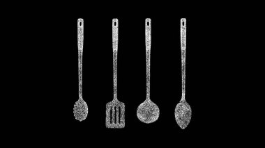 Üç boyutlu farklı çatal bıçak seti siyah arka planda döner. Mutfak ve Restoran konsepti. Utensils mağazası. İş için reklam arkaplanı. Başlık, metin, sunum için. 3d canlandırma 