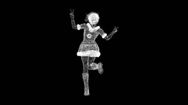 3D Mutlu Noel Baba kızı siyah arka planda dönüyor. Noel ve Mutlu Yıllar konsepti. Dans eden Noel Baba kızı. İş için reklam arkaplanı. Başlık, metin, sunum için. 3d canlandırma 