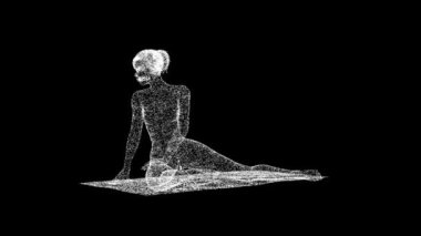 Plajdaki 3D kız siyah arka planda dönüyor. Spor fitness sakinliği konsepti. Sağlıklı bir yaşam tarzı. İş için reklam arkaplanı. Başlık, metin, sunum için. 3D animasyon 60 FPS