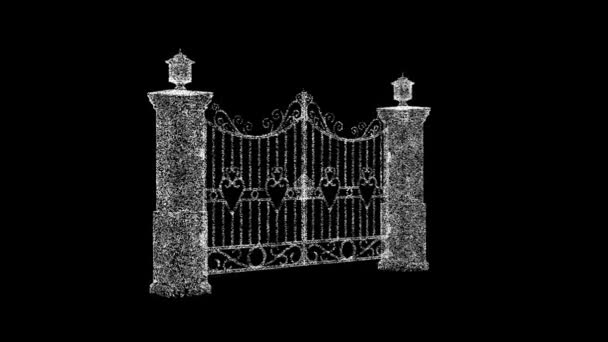3D錬鉄のゲートは黒い背景で回転する 建築コンセプト 柱が付いている鉄のゲート ビジネス広告の背景 タイトル テキスト プレゼンテーション 3Dアニメーション Fps — ストック動画