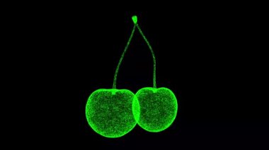3 boyutlu kirazlar siyah arkaplanda döner. Meyve ve sebze konsepti. Organik meyveler. İş için reklam arkaplanı. Başlık, metin, sunum için. 3D animasyon 60 FPS