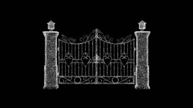 Siyah arka planda 3 boyutlu demir kapılar var. Mimari konsept. Sütunlu demir kapılar. İş için reklam arkaplanı. Başlık, metin, sunum için. 3d canlandırma