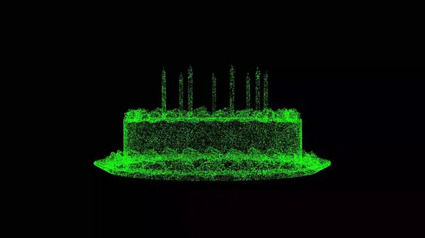 3D Cake with candles on black background. Festive concept. Birthday Cake. Business advertising backdrop. For title, text, presentation. 3d animation