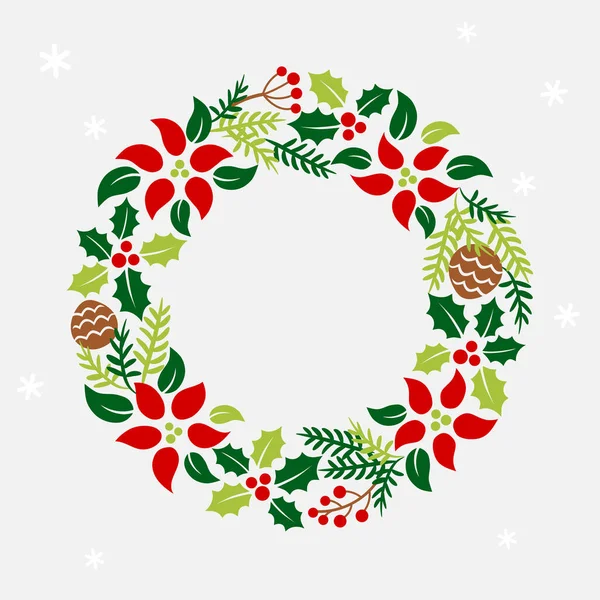Weihnachtskranz Mit Stechpalme Weihnachtsstern Und Tannenblättern Auf Winterlichem Hintergrund — Stockvektor