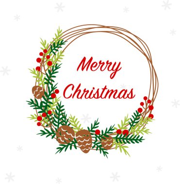 Çam yapraklı Noel çelengi ve kış arka planında çam kozalağı