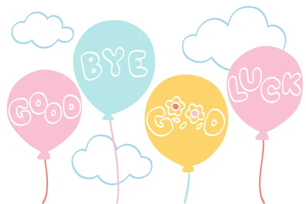 Sbohem Hodně Štěstí Balónky Pozadí Oblačnosti Ručně Kreslené — Stockový vektor