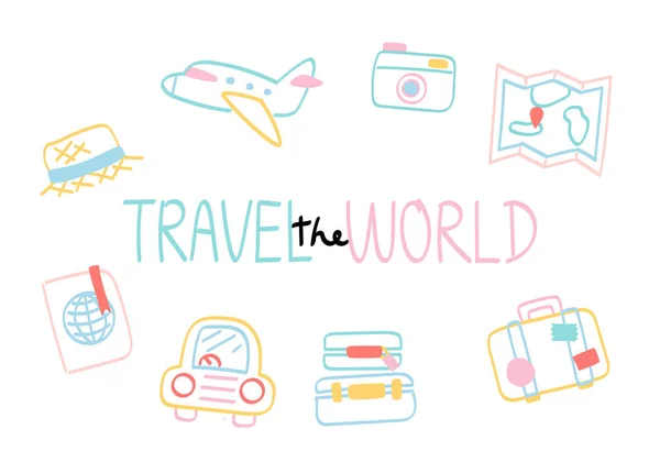 Viaggiare Manifesto Del Mondo Disegnato Mano — Vettoriale Stock