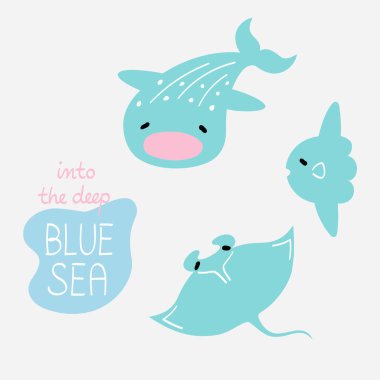 Balina köpekbalığı, manta vatozu ve güneş balığı çizgi filmi