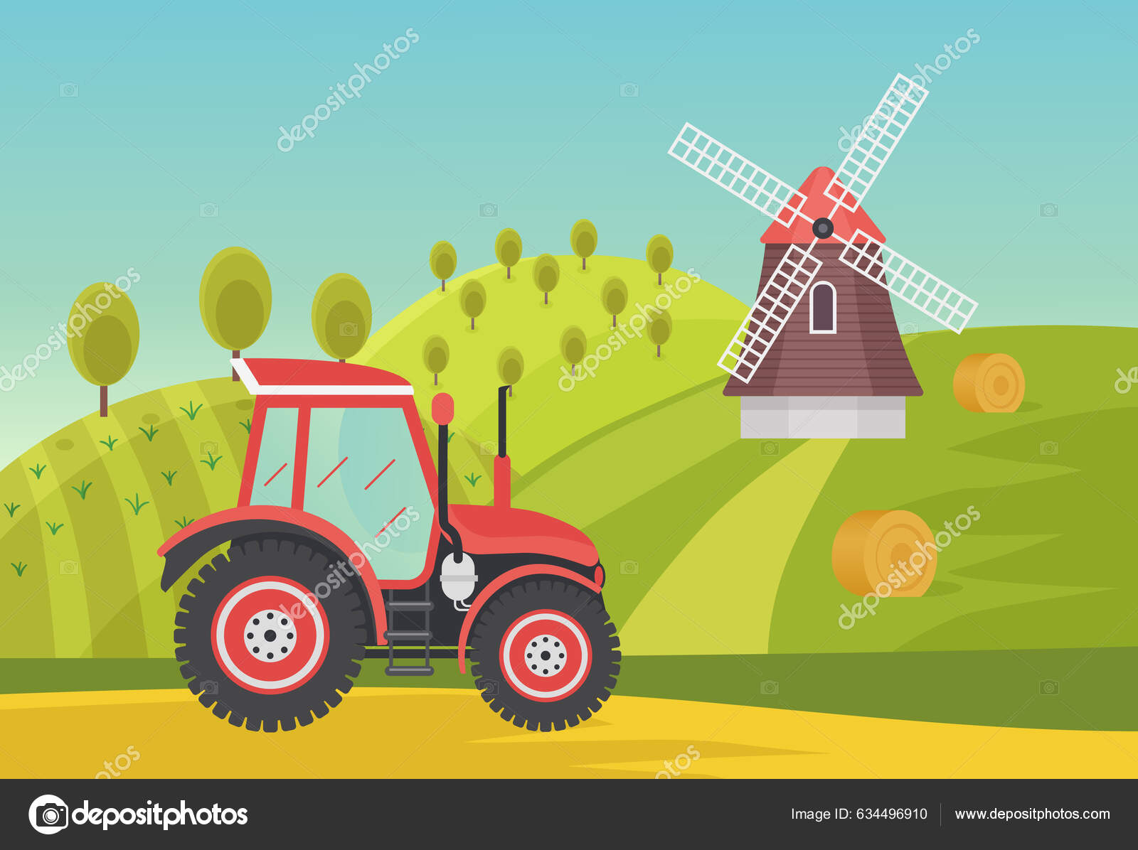 Desenhos animados rurais de trator agrícola