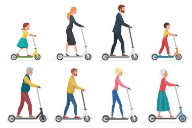 People on electric scooter set, cartoon characters riding ecologically clean urban vehicle clipart