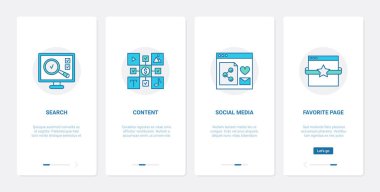 Web içeriğinin arama optimizasyonu, dijital pazarlama teknolojisi vektör çizimi. UX, UI taşınabilir uygulama sayfası sosyal medyada satır arama süreci ile birlikte ayarlandı, favori web sayfası