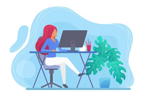 Young Freelancer Woman Working Computer Stay Home Concept — Vector de stock