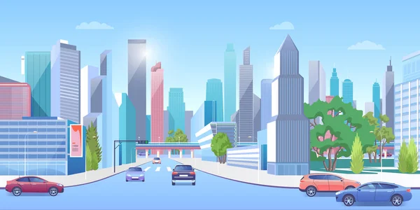 City Downtown Summer Urban Panoramic Cityscape Cars Road Modern Town — 스톡 벡터