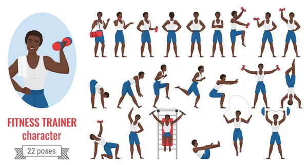 Fitness Sportovní Trenér Muž Představuje Vektorové Ilustrační Set Cartoon Mladý — Stockový vektor