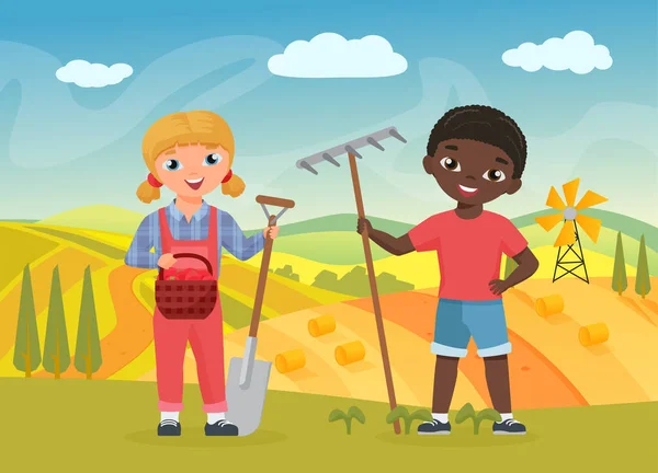 工作機械のベクトルイラストを持つ子供農家 農業で働くためのシャベルとピッチフォークを持つ漫画の面白い男の子の女の子の子供の農場労働者のキャラクター秋のフィールドの背景 — ストックベクタ