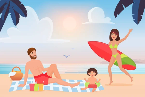 Família Feliz Passar Tempo Divertido Praia Tropical Ilustração Vetor Turismo —  Vetores de Stock