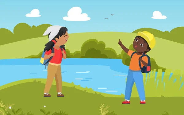 Children hike in nature summer landscape, kid scout in trekking adventure vector illustration. Cartoon boy girl child hiker characters with backpacks hiking together on lake or river shore background