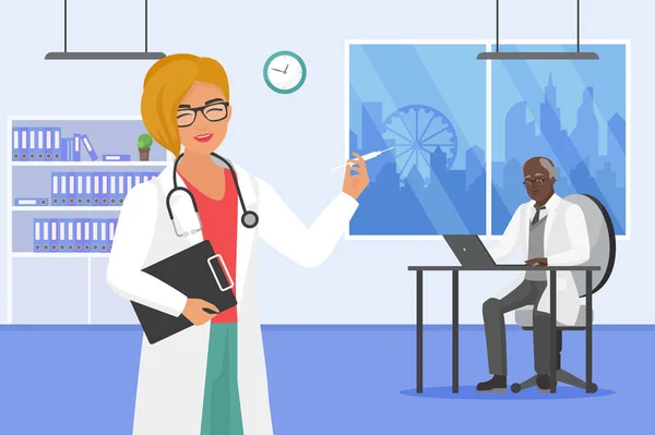 Geneeskunde Teamwork Het Ziekenhuis Vector Illustratie Cartoon Vrouw Verpleegkundige Karakter — Stockvector