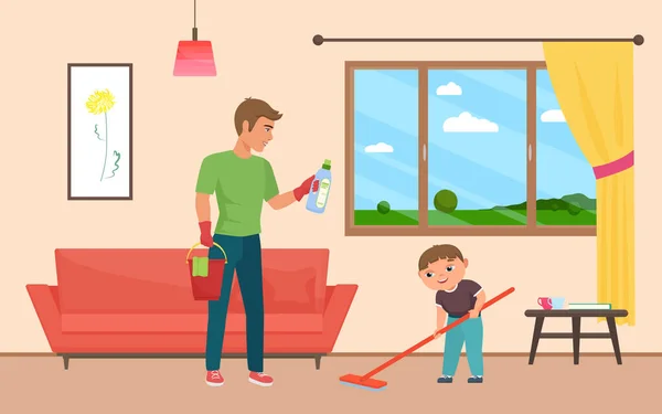 아버지 와아들이 관리하고 아파트 청소하고 집안일의 그림을 그렸다 걸레를 마루를 — 스톡 벡터