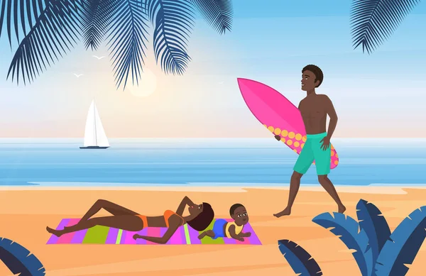 Turismo Verão Família Viagens Férias Praia Tropical Paisagem Vetor Ilustração —  Vetores de Stock