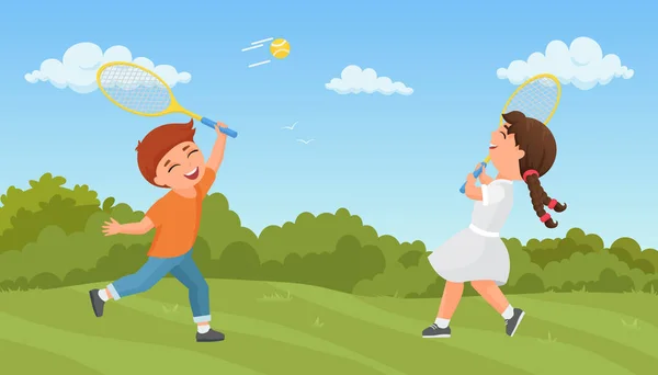 Kinderen Tennissen Zomer Park Vector Illustratie Cartoon Opgewonden Jongen Meisje — Stockvector