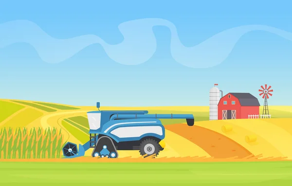Sklizeň Kukuřice Kombinovat Stroj Pracující Zemědělské Pole Krajiny Vektorové Ilustrace — Stockový vektor