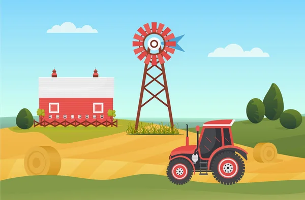 Trattore Agricolo Agricolo Terreni Villaggio Campagna Ranch Paesaggio Vettoriale Illustrazione — Vettoriale Stock