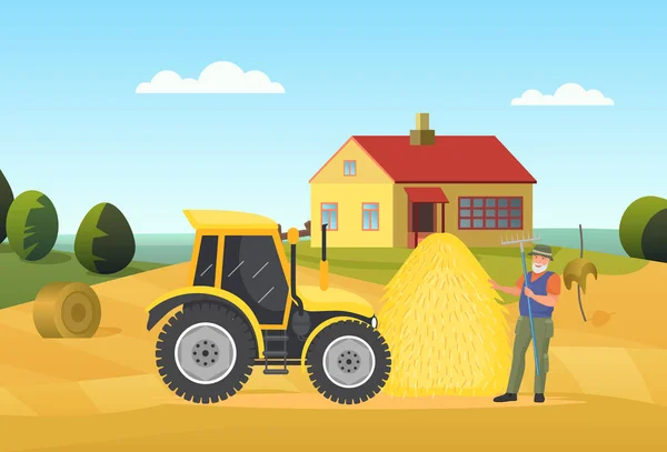 Gli Agricoltori Lavorano Villaggio Paesaggio Rurale Vettoriale Illustrazione Cartoni Animati — Vettoriale Stock